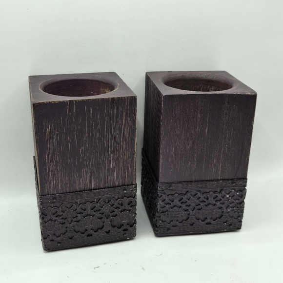 Pair Of Wooden Sugar Mold Wood Candle Holder Primitive Dark Purple 5" H - Picture 9 of 16